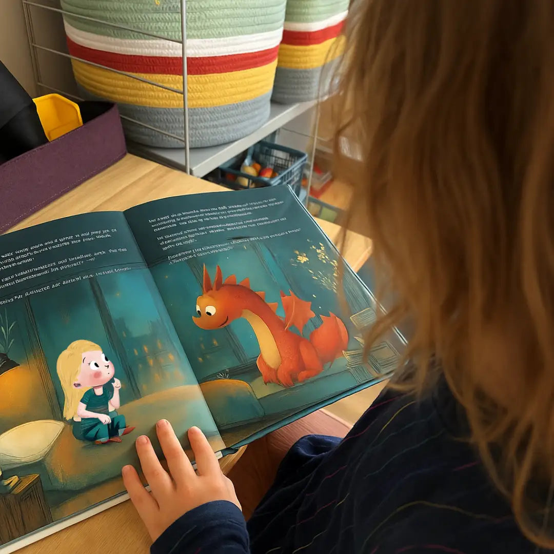 Kind schaut sich die illustrierte Seite aus dem Mutbuch an, bei dem der Drache Loki das Mädchen am Bett besucht