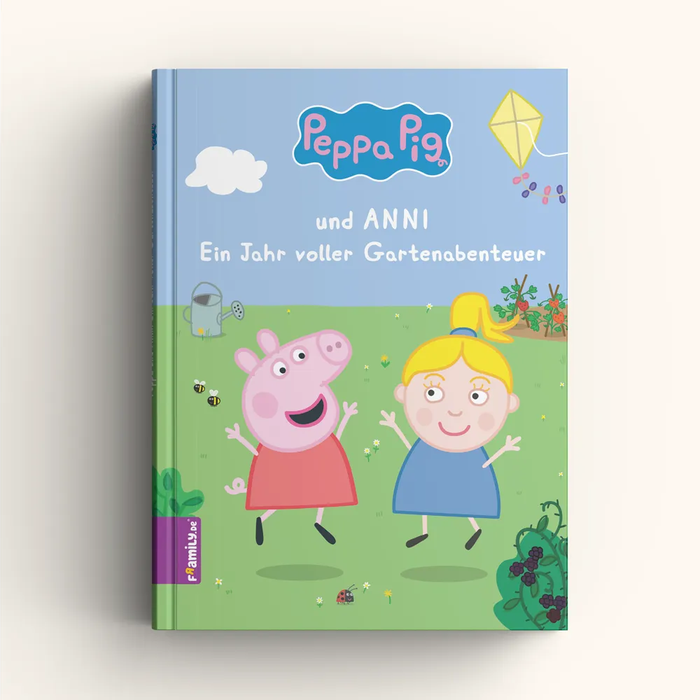 Das Cover von "Peppa Pig und Anni- Ein Jahr voller Gartenabenteuer" zeigt Peppa mit einem blonden Mädchen, wie sie in einem Garten vor Freude springen.
