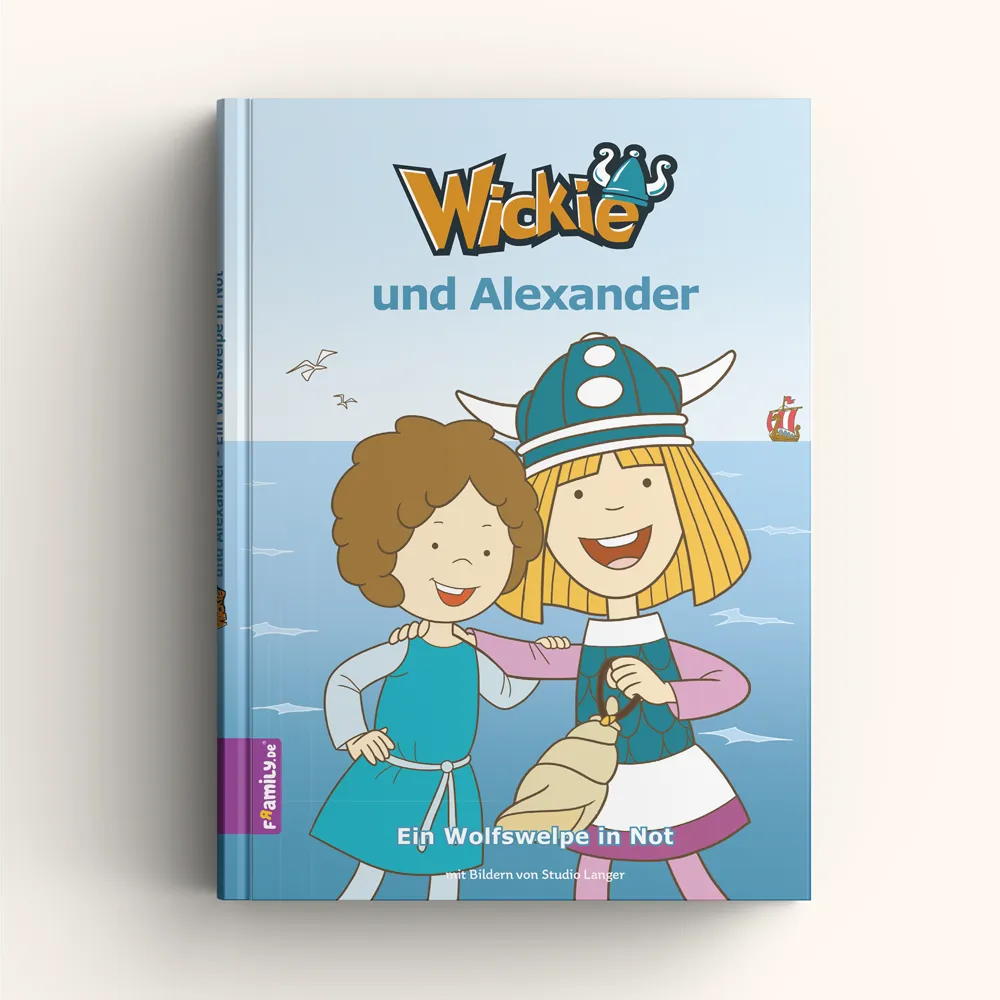 Das personalisierte Buch "Wickie und du" von Framily zeigt Wickie mit einem Kind am Meer - daneben ein Hundewelpe, im Hintergrund das Wikingerschiff. Ideal für Abenteuer mit Wickie im Wikingerdorf.