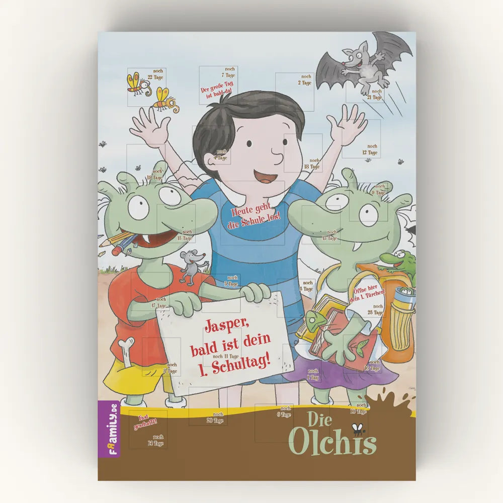 Der Framily "Die Olchis Countdown-Schulstart-Kalender" zeigt die Illustration eines fröhlichen Kindes mit kurzen dunklen Haaren, umgeben von lustigen Olchis und Tieren.