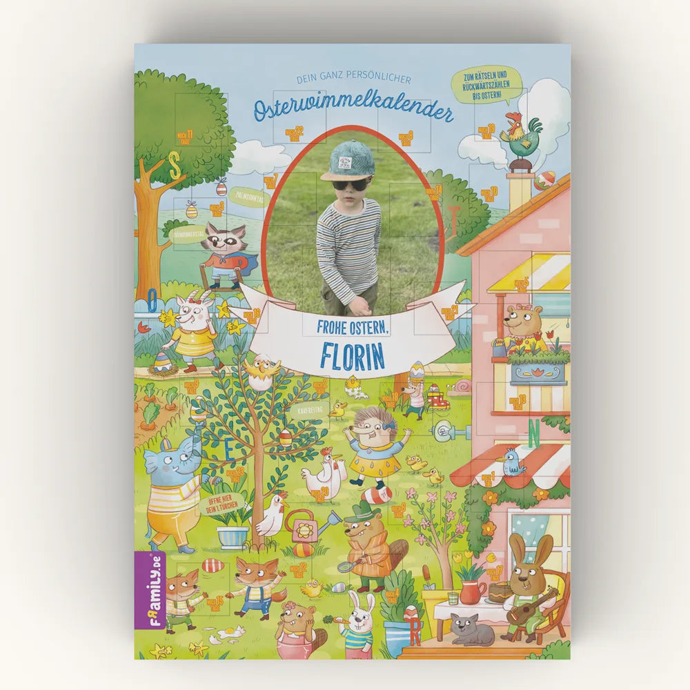 Der Framily Oster-Countdown-Kalender zeigt niedliche Tiere, die vor einem Haus feiern, mit einem Foto eines Jungen in einem gestreiften Hemd und einer Mütze. "Frohe Ostern, Florin" ist aufgedruckt.