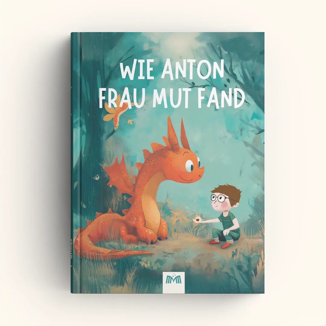 Titel eines illustrierten Kinderbuchs mit einem Kind und einem orange farbenen Drachen