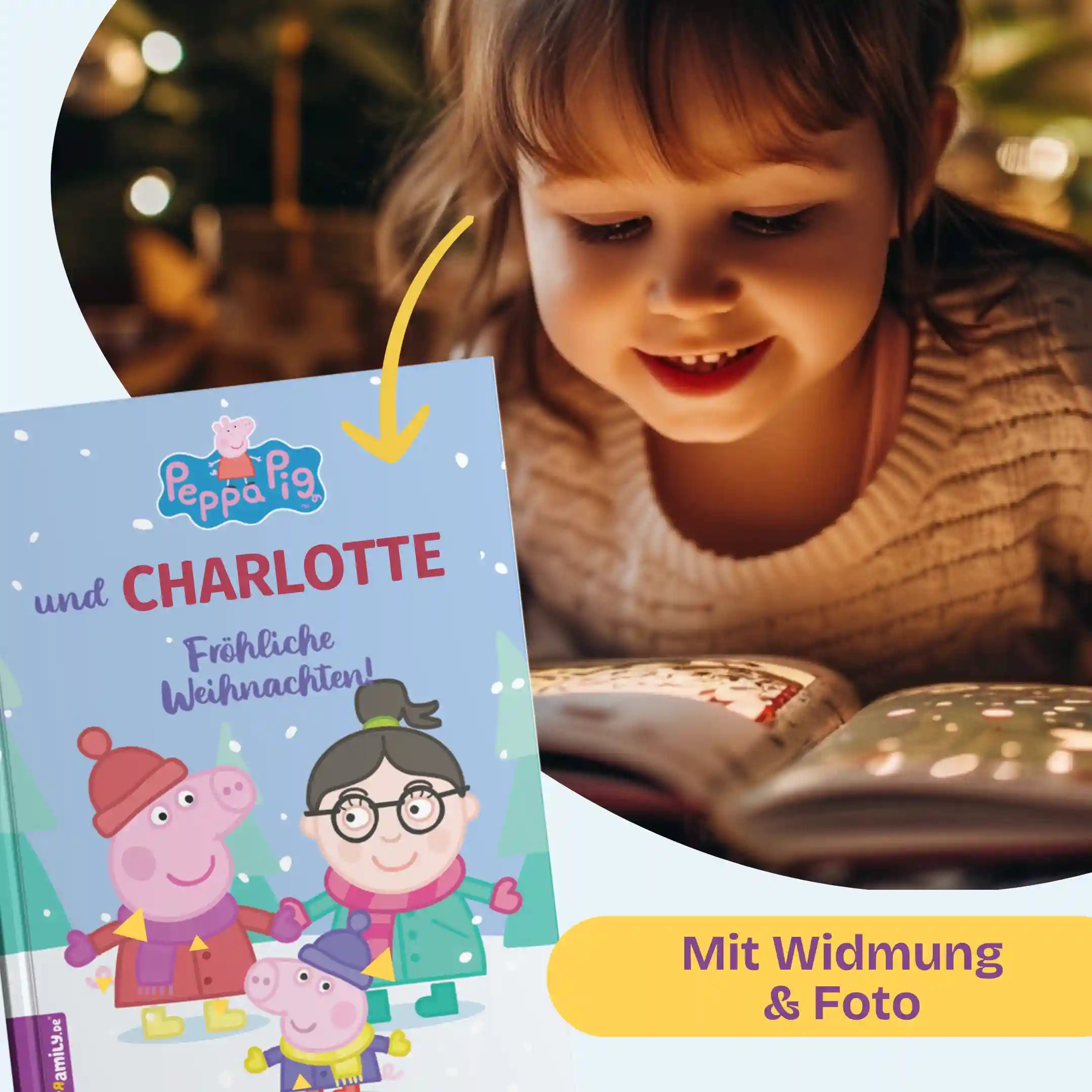 Mädchen liest mit strahlenden Augen ein Buch: Peppa Pig und Charlotte - Fröhliche Weihnachten! Mit persönlicher Widmung und Foto