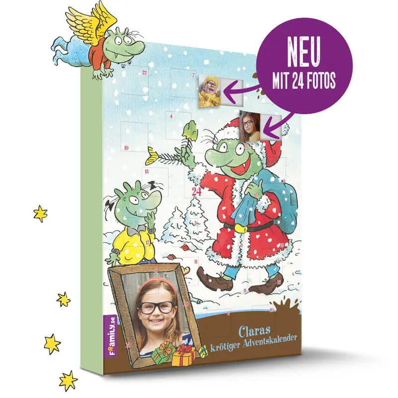 Illustration der Framily Die Olchis Adventskalender mit weihnachtlich gekleideten Olchis. Ein lila Pfeil zeigt auf ein offenes Fenster mit einem Kinderfoto: Neu mit 24 Fotos auf der Innenseite der Türchen.