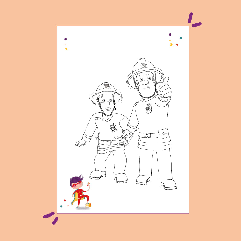 Ausmalbild zum kostenlosen Download: Zwei Feuerwehrmänner in Uniform und Helmen stehen zusammen, einer zeigt nach vorne, der andere schaut überrascht.