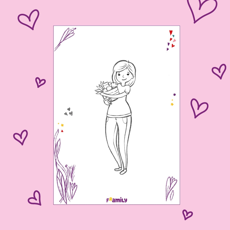 Ausmalbild zum kostenlosen Download: 
Eine Schwarz-Weiß-Zeichnung einer lächelnden Frau, die einen Blumenstrauß hält, umgeben von lila handgezeichneten Herzen und Blumen.