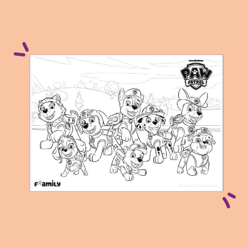 Ausmalbild zum kostenlosen Download: 
Schwarz-Weiß-Malvorlage mit acht lächelnden Hunden der PAW Patrol, die Rettungsuniformen tragen.