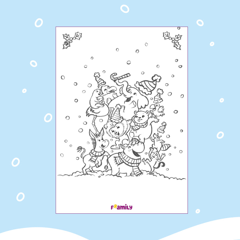 Ausmalbild zum kostenlosen Download:
Eine Gruppe fröhlicher Tiere mit Winterschals und Mützen balanciert in einem verspielten Turm und fängt fallende Schneeflocken auf. Der Himmel ist mit Schnee bedeckt, und Stechpalmen schmücken die Ecken.