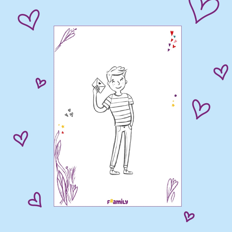 Ausmalbild zum kostenlosen Download:  Schwarz-Weiß-Zeichnung eines lächelnden Vaters, der einen Umschlag hält und ein gestreiftes Hemd und eine Hose trägt. Das Bild ist mit lila Herzen und Blumen eingerahmt.