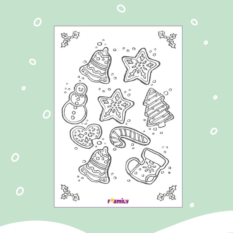 Ausmalbild zum kostenlosen Download:
Eine festliche Malvorlage mit Weihnachtsplätzchen in Form von Glocken, Sternen, einem Baum, Schneemann, Strumpf, Herz und einer Zuckerstange mit Stechpalmenverzierungen in den Ecken.