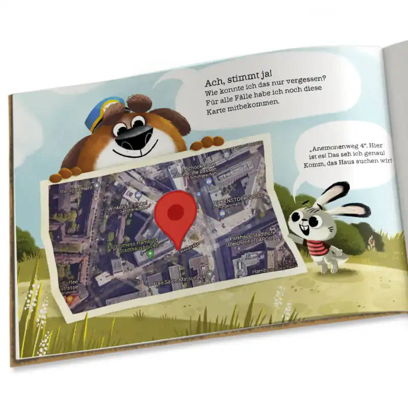 In "Ein Brief für dich" von Framily betrachten ein Hund und Hase eine Stadtkarte mit rotem Pin. Das zeigt die Adresse als Personalisierungsoption.