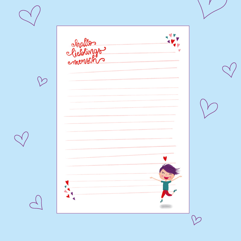 Briefpapier zum kostenlosen Download: oben links "Hallo Lieblingsmensch", unten rechts ein fröhliches Männchen mit Herz.