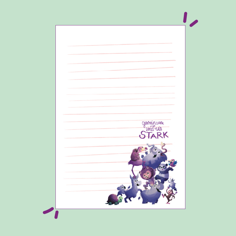 Briefpapier zum kostenlosen Download: unten rechts sind verschiedene Tiere abgebildet, über ihnen steht "gemeinsam sind wir stark"