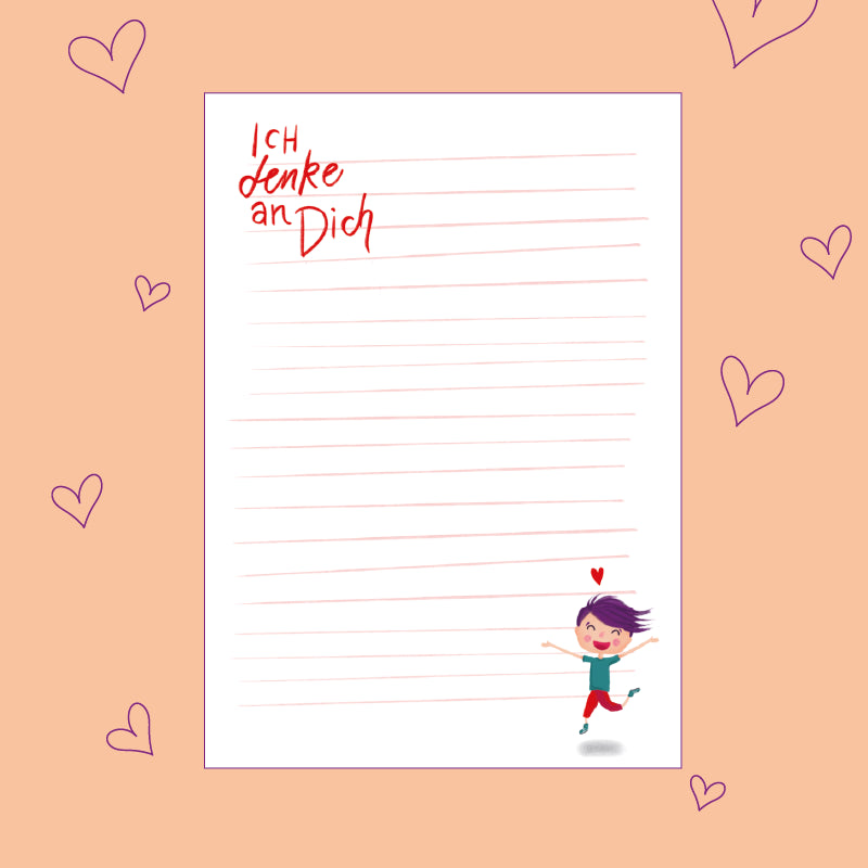 Briefpapier zum kostenlosen Download: oben links "Ich denke an Dich", unten rechts ein fröhliches Männchen mit Herz.