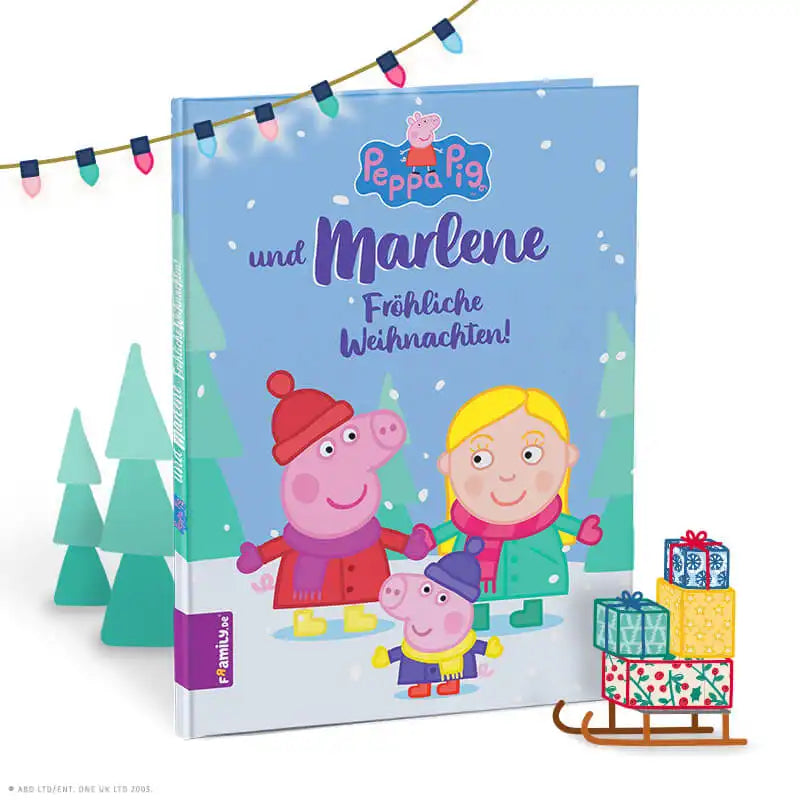 Das Buchcover Peppe Pig und Marlene - Fröhliche Weihnachten! zeigt Peppa Wutz mit Schorsch und einem blonden Mädchen in einem winterlichen Wald.