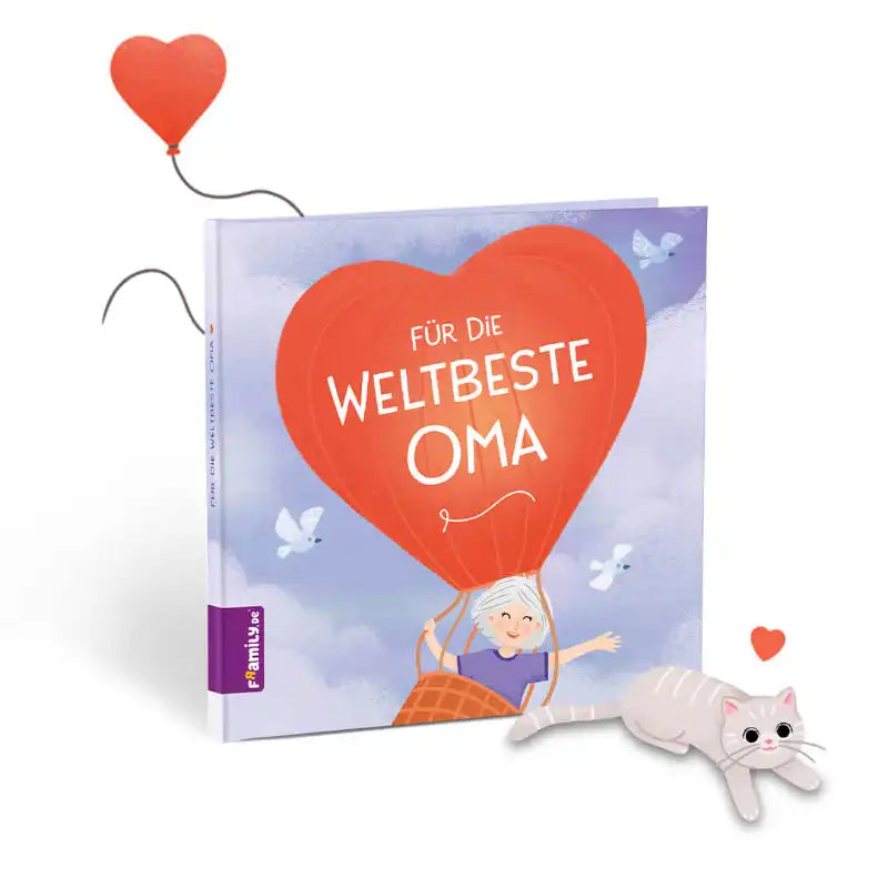 Das personalisierte Geschenkbuch "Für die weltbeste Oma" von Framily zeigt eine winkende ältere Frau mit rotem Herzballon. Neben ihr sitzen eine weiße Katze und ein roter Ballon - das perfekte Geschenk für jede Oma.