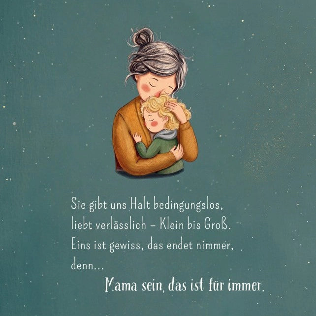 Auszug auf dem Buch "Für Mama". Es zeigt eine Mama, die ihr Kind umarmt und einen Text