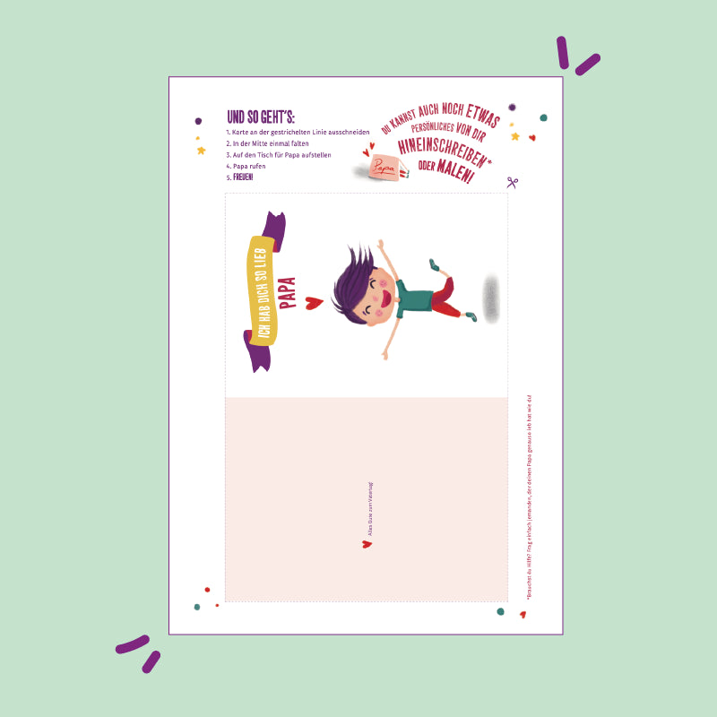 Vorlage zum kostenlosen Download: Klappkarte mit Männchen auf der Vorderseite, über dem ein Herz schwebt und in einer Bandarole steht: "Ich hab dich so lieb Papa"