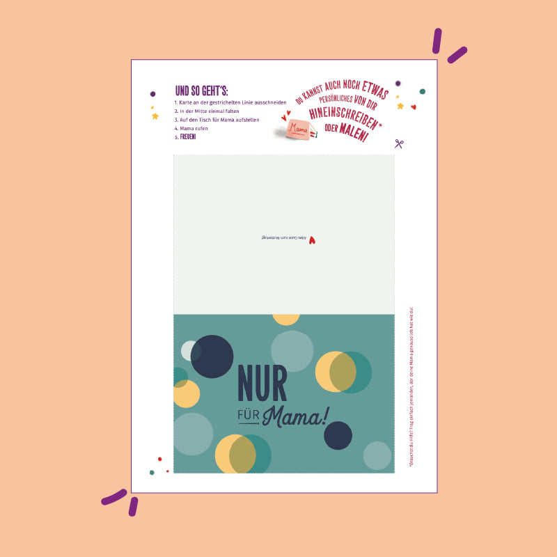 Vorlage zum kostenlosen Download: Klappkarte mit blauer Vorderseite mit blauen und gelben Kreisen. In der Mitte steht: "Nur für Mama!"