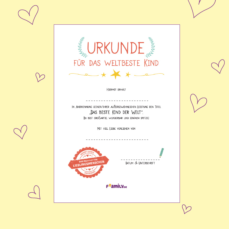 Vorlage zum kostenlosen Download: Urkunde für das weltbeste Kind mit Datum und Unterschrift