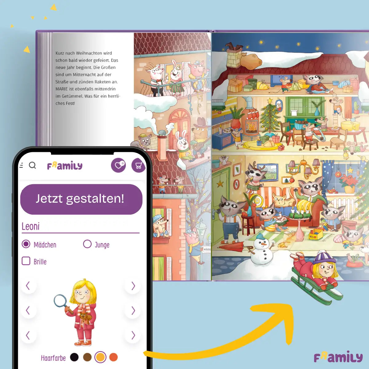 Kinderleicht über den Konfigurator am Smartphone das Kind personalisieren, sodass es dann im Wimmelbuch auftaucht.