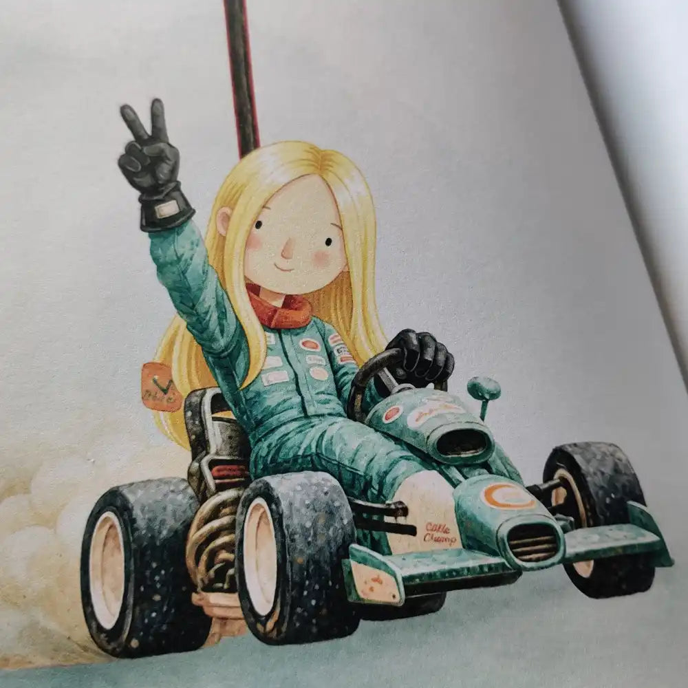 Ausschnitt aus dem Framily Mama-Buch. Mama als Rennfahrerin