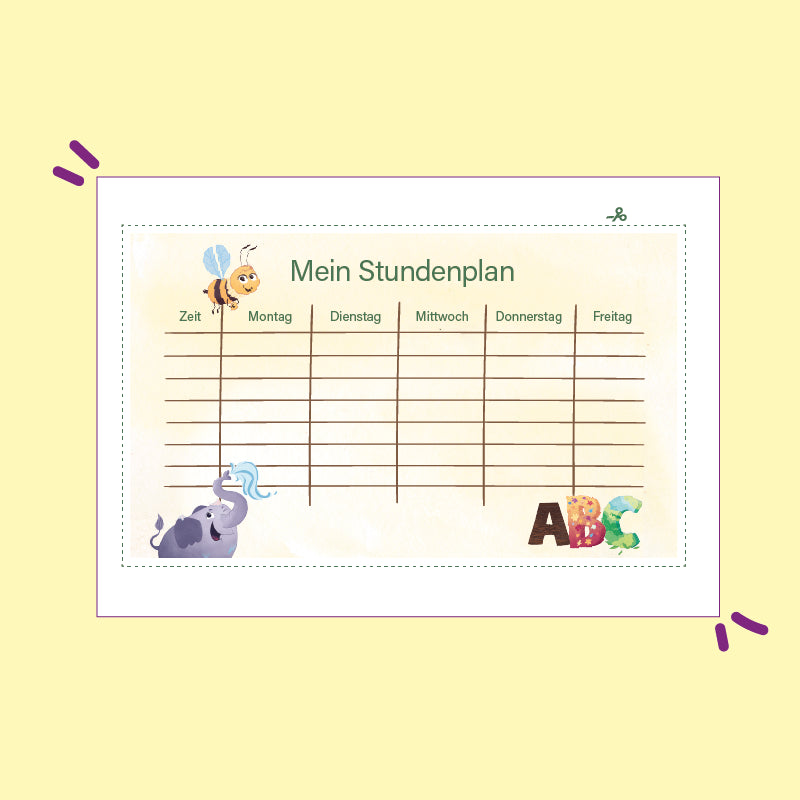 Stundenplan zum kostenlosen Download mit buntem ABC, Elefanten und Biene