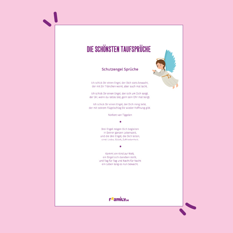 Die schönsten Taufsprüche als kostenlosen Download zeigt Schutzengel-Sprüche und eine bezaubernde Illustration eines lächelnden Engels mit Flügeln und Heiligenschein auf weißem Hintergrund.