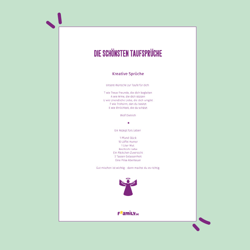 Die schönsten Taufsprüche als kostenloser Download mit verschiedenen kreativen Sprüchen.