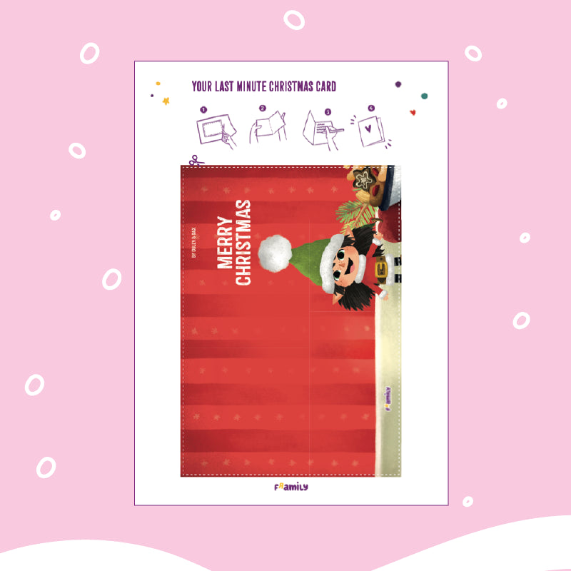 Eine druckbare Vorlage für eine Merry-Christmas-Karte mit einem Wichtel, der ein Geschenk auf rotem Hintergrund hält. Eine Faltanleitung ist ebenfalls abgebildet.