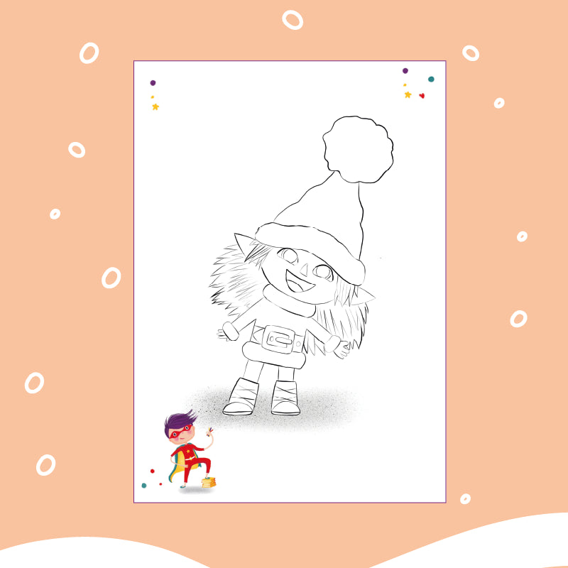 Ausmalbild zum kostenlosen Download: Ein lächelnder Wichtel, die einen hohen Hut mit Bommel, einen breiten Gürtel und Stiefel trägt.