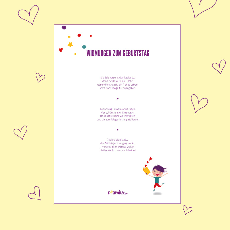 Widmungen zum Geburtstag als kostenlosen Download, mit bunten Herzen und Punkten.