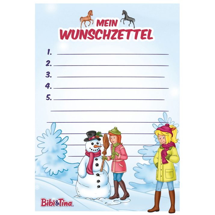 Ein Wunschzettel mit dem Titel "Mein Wunschzettel" zeigt zwei Mädchen in Winterkleidung und einen Schneemann, mit schön illustrierten Pferden am oberen Rand und einem verschneiten Hintergrund. Fünf nummerierte Zeilen sind für das Schreiben von Wünschen vorgesehen.