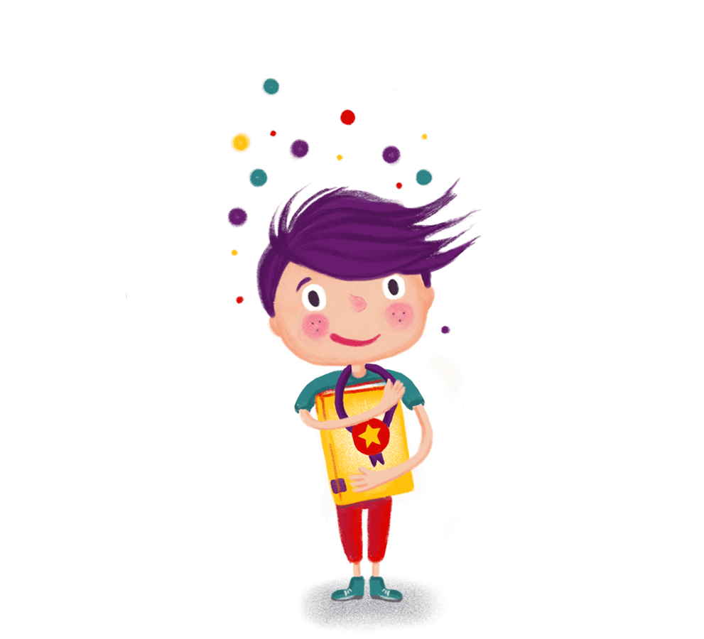 Illustration eines lächelnden Kindes mit lila Haaren, das ein gelbes Buch mit einem roten Stern in der Hand hält, umgeben von leuchtenden, schwebenden Punkten. Das fröhliche Kind in grünem Hemd und roter Hose strahlt Kreativität aus.