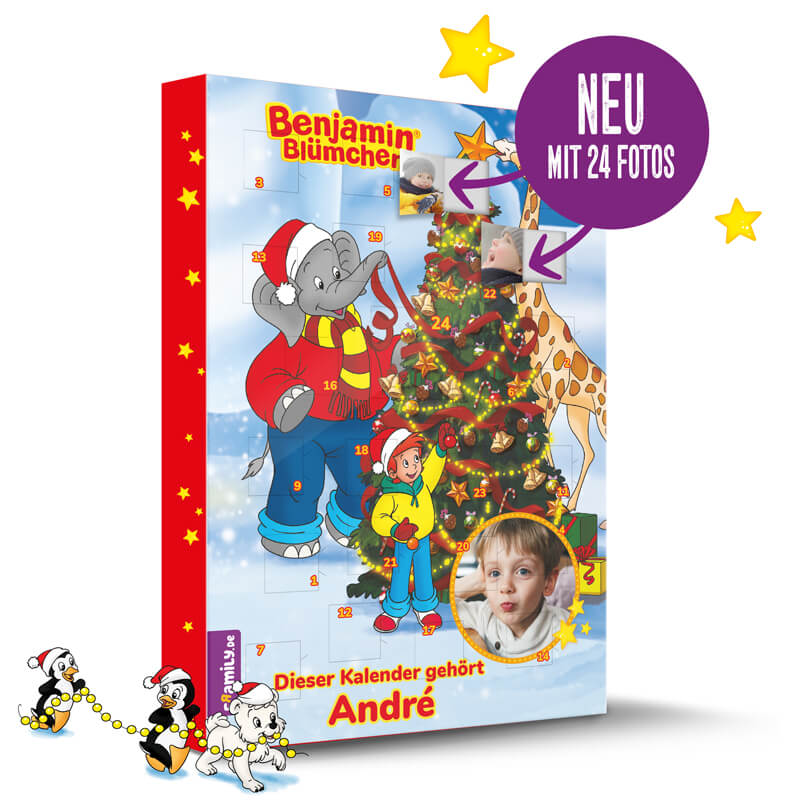 Der Benjamin Blümchen Adventskalender. Ein lila Pfeil zeigt auf ein offenes Fenster mit einem Kinderfoto: Neu mit 24 Fotos auf der Innenseite der Türchen.