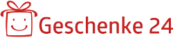 Ein roter Umriss einer lächelnden Geschenkbox mit einer Schleife steht neben dem fetten, roten Text "Geschenke 24" auf weißem Hintergrund. Perfekt, um Geschenke und besondere Anlässe hervorzuheben.