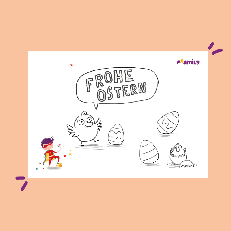 Ausmalbild zum kostenlosen Download:
Eine verspielte Ostermotiv-Malvorlage mit fröhlichen Küken, dekorierten Eiern und einer Sprechblase mit dem Spruch "Frohe Ostern". 