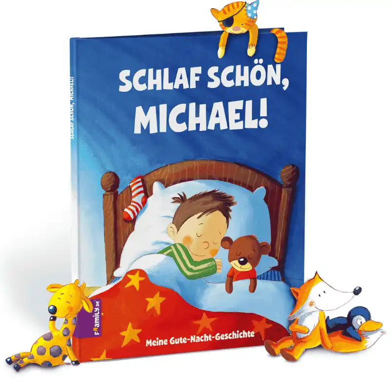 Das Framily-Buch "Deine Gute-Nacht-Geschichte" zeigt einen illustrierten Jungen, der mit einem Teddybären unter einer Decke schläft, umgeben von Tieren wie einer Giraffe, einer Katze und einem Fuchs.