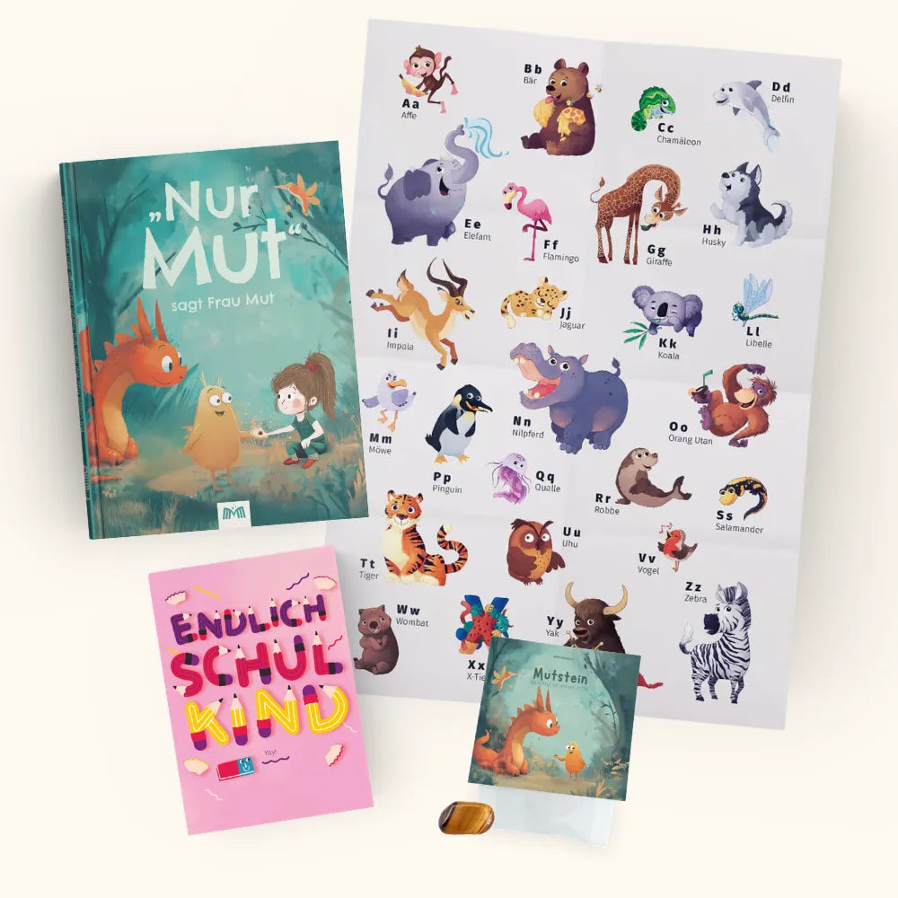 Einschulungspaket "Mutmacher" mit ABC Poster, "Nur Mut, sagt Frau Mut" Buch, Mutstein und Grußkarte "Endlich Schulkind".