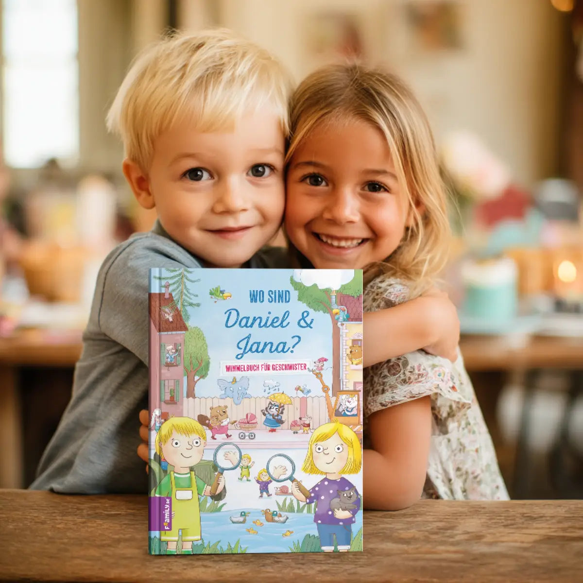 Zwei Geschwister umarmen sich und lächeln in die Kamera. Vorne im Bild ist das personalisierte Wimmelbuch "Wo sind Daniel & Jana?" zu sehen.
