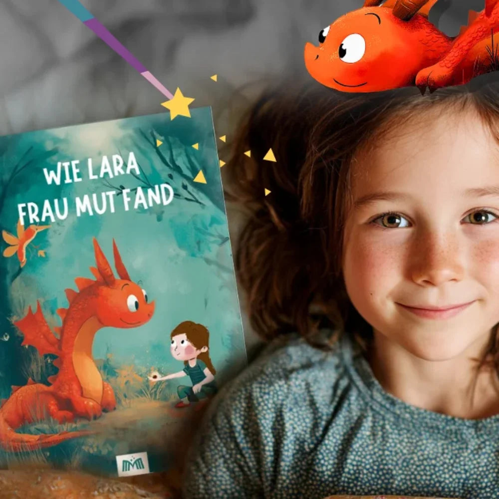 Ein Mädchen liegt im Bett, neben ihr das Framily Buch "Wie Lara Frau Mut fand". Ein Drache sitzt auf ihrem Kopf und bewundert das Buch