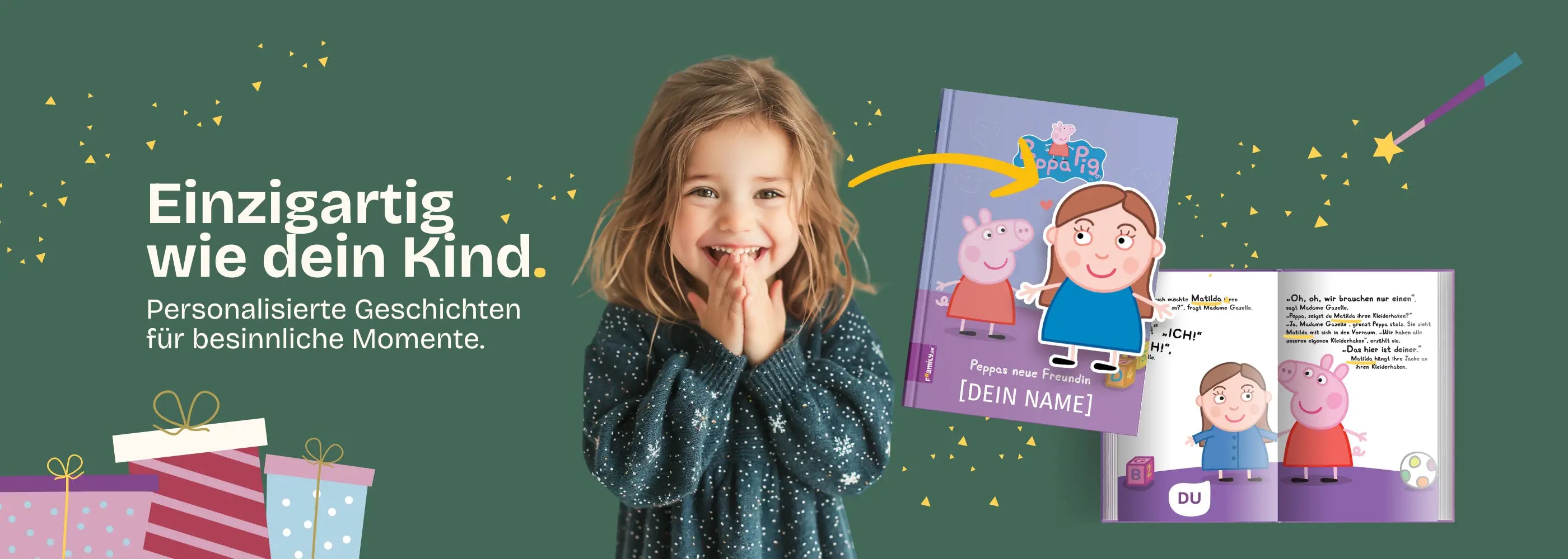 Freudiges Mädchen mit personalisiertem Buch Peppa Pig und [Dein Name]. Bücher einzigartig wie dein Kind. Personalisierte Geschichten für besinnliche Momente.