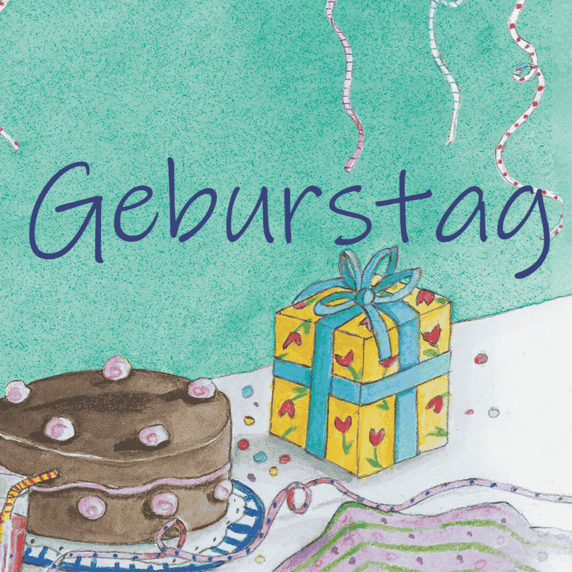 Gezeichnetes Bild aus dem Geburtstagsbuch mit einem Kuchen und einem Geschenk